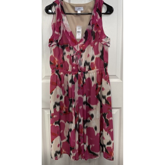 ANN‎ TAYLOR LOFT Pink&White Abstract Print Silky Dress Wedding Sz.6 Lined - Picture 1 of 6